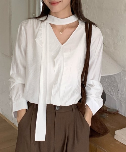 Lace Ladies(レースレディース)の「ワッシャー加工 ボウタイ チョーカーリボン 長袖 ブラウス(シャツ/ブラウス・レディース・ブラウン/ホワイト/チャコールグレー・FREE)」の11枚目の写真