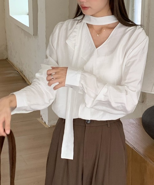 Lace Ladies(レースレディース)の「ワッシャー加工 ボウタイ チョーカーリボン 長袖 ブラウス(シャツ/ブラウス・レディース・ブラウン/ホワイト/チャコールグレー・FREE)」の15枚目の写真