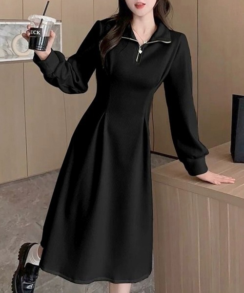 Miniministore(ミニミニストア)の「ハーフジップワンピース長袖ウエストタック(ワンピース・レディース・ブラック/アイボリー・L/M)」の2枚目の写真