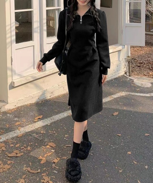 Miniministore(ミニミニストア)の「ハーフジップワンピース長袖ウエストタック(ワンピース・レディース・ブラック/アイボリー・L/M)」の3枚目の写真