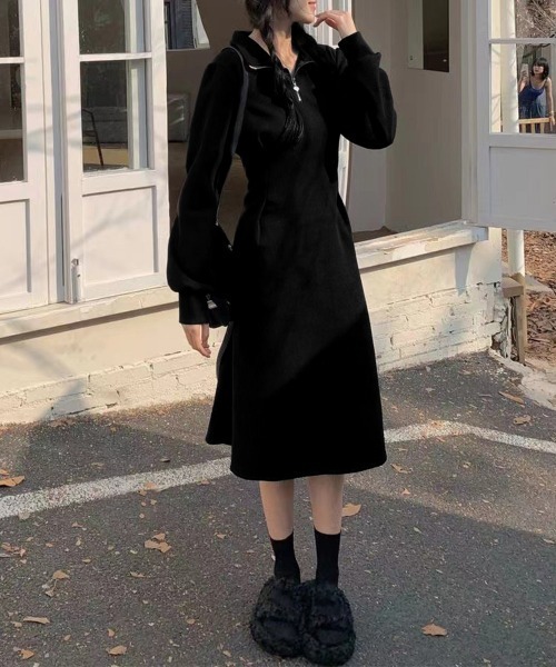 Miniministore(ミニミニストア)の「ハーフジップワンピース長袖ウエストタック(ワンピース・レディース・ブラック/アイボリー・L/M)」の4枚目の写真