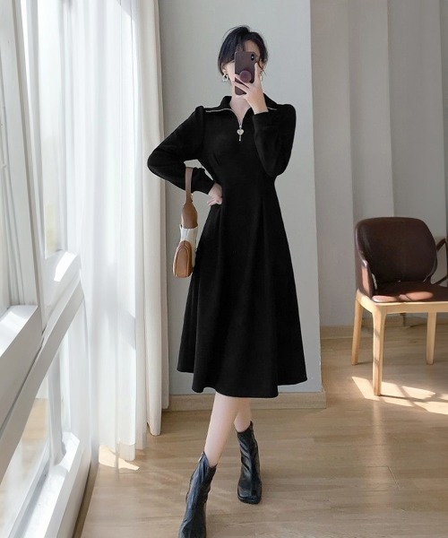 Miniministore(ミニミニストア)の「ハーフジップワンピース長袖ウエストタック(ワンピース・レディース・ブラック/アイボリー・L/M)」の10枚目の写真