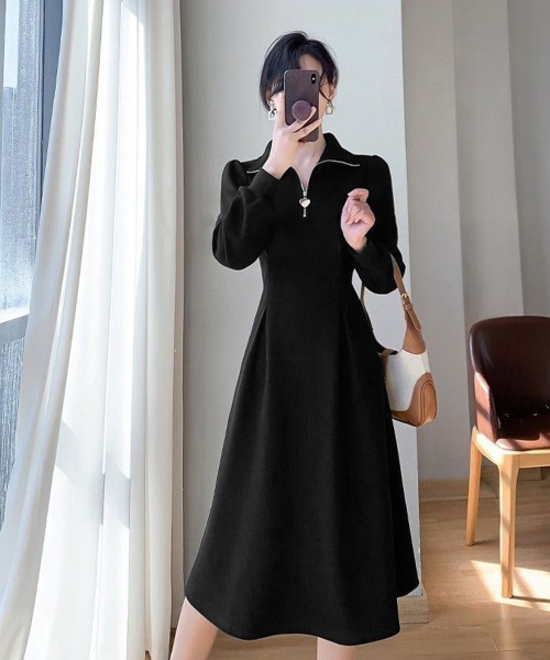 Miniministore(ミニミニストア)の「ハーフジップワンピース長袖ウエストタック(ワンピース・レディース・ブラック/アイボリー・L/M)」の11枚目の写真