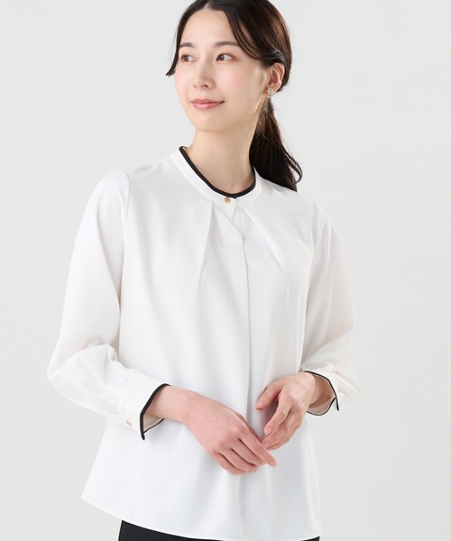 TOKYO SHIRTS（トウキョウシャツ）の「ストレッチジョーゼット 2WAY 配色ボウタイ ブラウス（シャツ/ブラウス・レディース・グレー/ホワイト/ブラック・M/L/LL）」の2枚目の写真