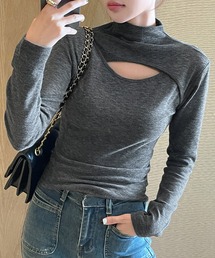 【表裏ニット/微起毛】色っぽ長袖ハイネックカットアウトリブニットプルオーバー レディース