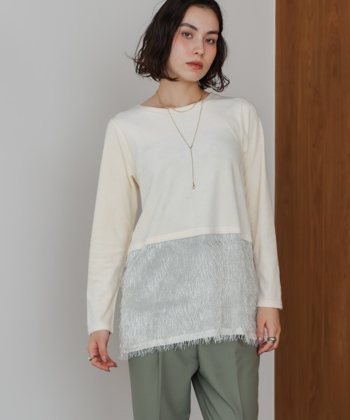 Bou Jeloud（ブージュルード）の「ジャージーベロアレイヤープルオーバー（Tシャツ/カットソー・レディース・モカ/アイボリー/ブラック・FREE）」の2枚目の写真