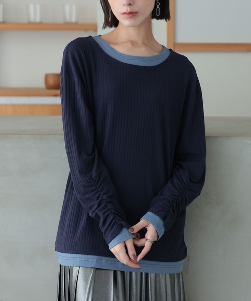 n'OrLABEL（ノアールレーベル）の「袖シャーリングレイヤード風トップス（Tシャツ/カットソー・レディース・ベージュ/ネイビー/ブラック・2/1）」の3枚目の写真
