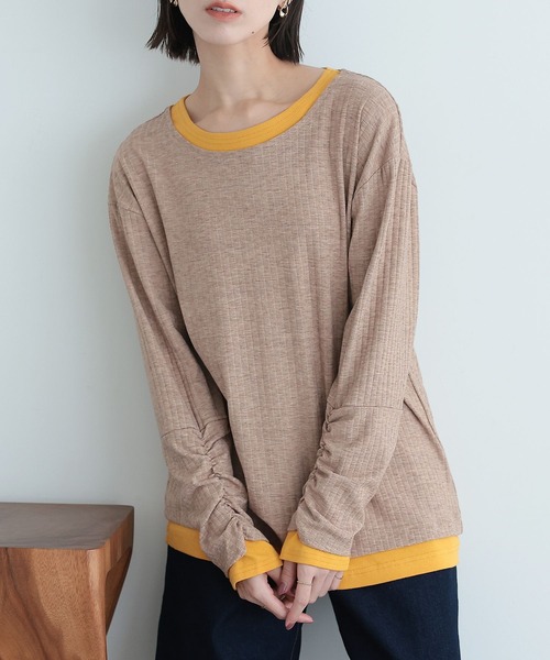 n'OrLABEL（ノアールレーベル）の「袖シャーリングレイヤード風トップス（Tシャツ/カットソー・レディース・ベージュ/ネイビー/ブラック・2/1）」の4枚目の写真