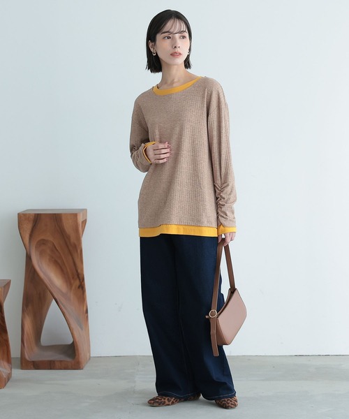 n'OrLABEL（ノアールレーベル）の「袖シャーリングレイヤード風トップス（Tシャツ/カットソー・レディース・ベージュ/ネイビー/ブラック・2/1）」の7枚目の写真