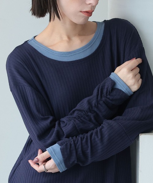 n'OrLABEL（ノアールレーベル）の「袖シャーリングレイヤード風トップス（Tシャツ/カットソー・レディース・ベージュ/ネイビー/ブラック・2/1）」の12枚目の写真