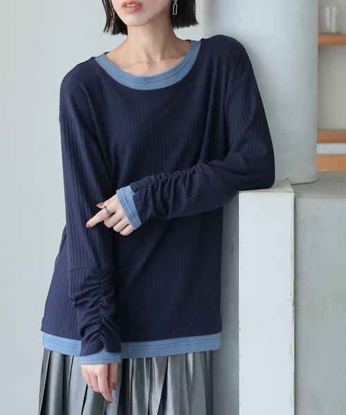n'OrLABEL（ノアールレーベル）の「袖シャーリングレイヤード風トップス（Tシャツ/カットソー・レディース・ベージュ/ネイビー/ブラック・2/1）」の13枚目の写真