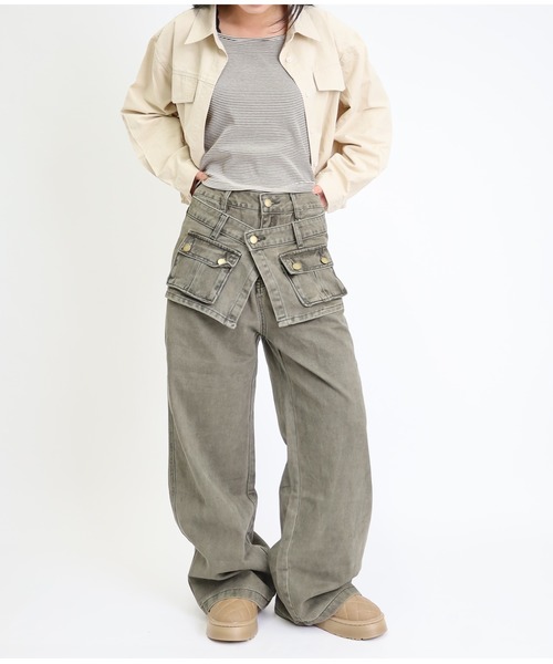 Max J(マックスジェイ)の「【Max J】ポケットバギーレイヤードデニムパンツ(デニムパンツ・レディース・グレー・SMALL/LARGE/MEDIUM)」の1枚目の写真