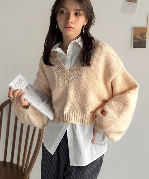 classicalelf(クラシカルエルフ)の「《AYA×クラシカルエルフコラボ》ふんわり可愛く、きらっと上品。プレート付きクロップドローゲージVネックニット(長袖)(ニット/セーター・レディース・ベージュ/アイボリー/ピンク・MEDIUM/SMALL/X-LARGE/LARGE)」の20枚目の写真