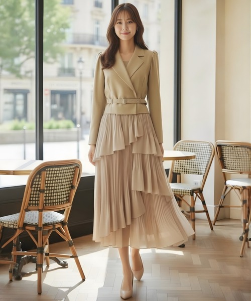 ジャケットレイヤードプリーツワンピース（ワンピース）｜AND COUTURE