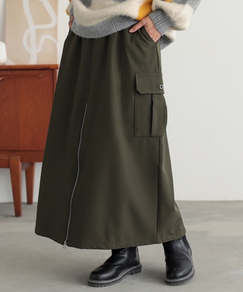 n'OrLABEL(ノアールレーベル)の「裏起毛センタージップカーゴスカート(スカート・レディース・カーキ/ブラック・1/2)」の3枚目の写真