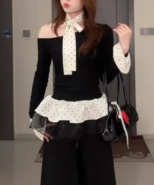 Nia(ニア)の「Nia(ニア)/【チョーカーリボン付き】バイカラーデザイン ドットフリルトップス(Tシャツ/カットソー・レディース・ブラック・LARGE/MEDIUM/SMALL)」の8枚目の写真