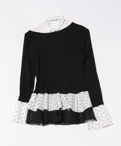 Nia(ニア)の「Nia(ニア)/【チョーカーリボン付き】バイカラーデザイン ドットフリルトップス(Tシャツ/カットソー・レディース・ブラック・LARGE/MEDIUM/SMALL)」の5枚目の写真