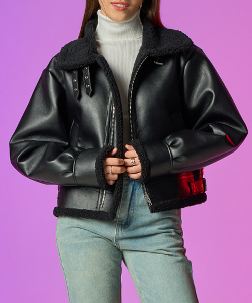 KOLEAT（コレット）の「ブラッドシャーリング羊毛フリースレザームートンジャケット[All_Black]（ムートンコート・レディース・その他・FREE）」の3枚目の写真