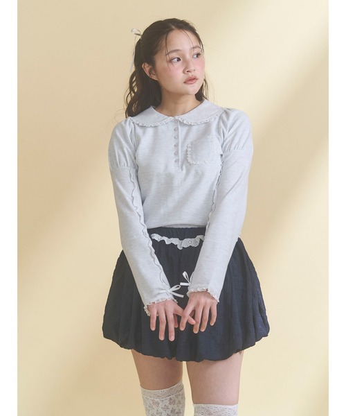 merry jenny（メリージェニー）の「frilly polo tops（ポロシャツ・レディース・グレー/オフホワイト/ピンク・FREE）」の6枚目の写真