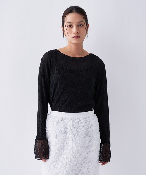 cloenc（クロエンス）の「【オケージョン／手洗い可】レースシアーワッシャ―シカットソー（Tシャツ/カットソー・レディース・アイボリー/ブラック・02）」の2枚目の写真