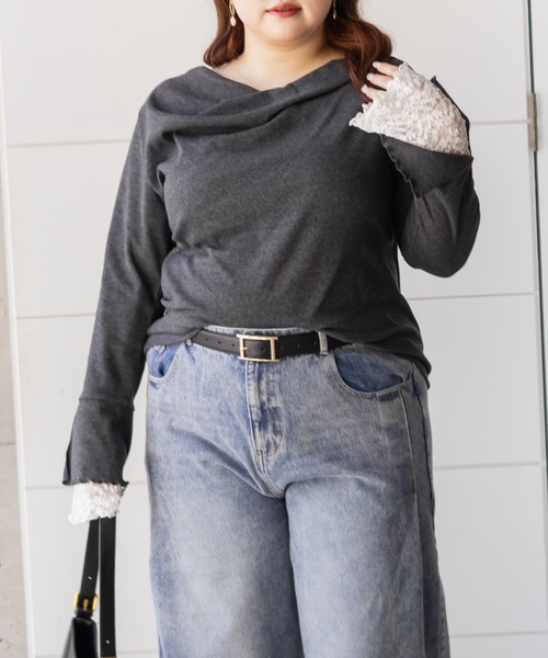 CLETTE(クレット)の「CLETTEオリジナル袖レースドレープネックプルオーバー(Tシャツ/カットソー・レディース・ブラック/チャコールグレー/オフホワイト・4L/3L/LL)」の1枚目の写真