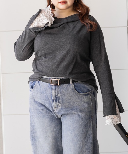 CLETTE(クレット)の「CLETTEオリジナル袖レースドレープネックプルオーバー(Tシャツ/カットソー・レディース・ブラック/チャコールグレー/オフホワイト・4L/3L/LL)」の12枚目の写真
