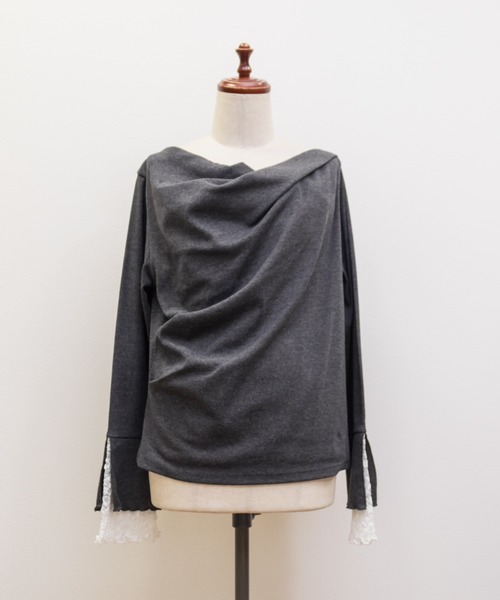 CLETTE(クレット)の「CLETTEオリジナル袖レースドレープネックプルオーバー(Tシャツ/カットソー・レディース・ブラック/チャコールグレー/オフホワイト・4L/3L/LL)」の5枚目の写真