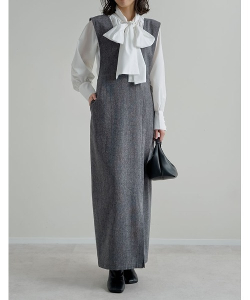 Re:EDIT（リエディ）の「[低身長サイズ有]ツイードラップデザイン風ジャンパースカート（つなぎ/オールインワン・レディース・ブラック/ブラック系その他/ベージュ・SHORT/MEDIUM/LARGE）」の2枚目の写真