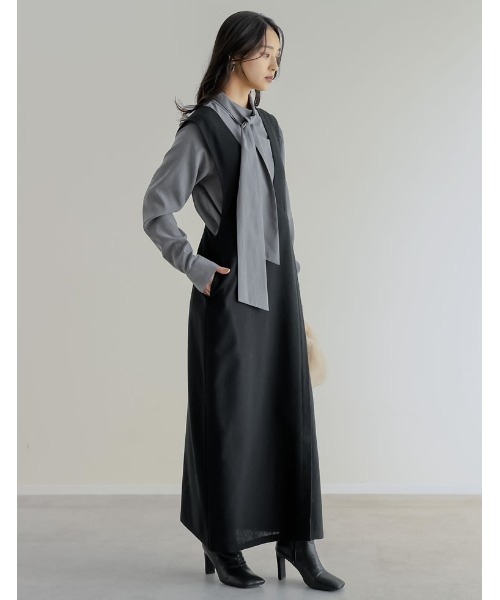 Re:EDIT（リエディ）の「[低身長サイズ有]ツイードラップデザイン風ジャンパースカート（つなぎ/オールインワン・レディース・ブラック/ブラック系その他/ベージュ・SHORT/MEDIUM/LARGE）」の5枚目の写真