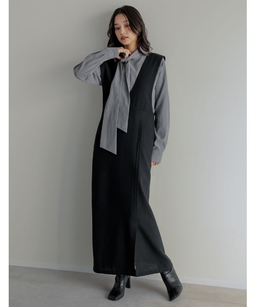 Re:EDIT（リエディ）の「[低身長サイズ有]ツイードラップデザイン風ジャンパースカート（つなぎ/オールインワン・レディース・ブラック/ブラック系その他/ベージュ・SHORT/MEDIUM/LARGE）」の7枚目の写真