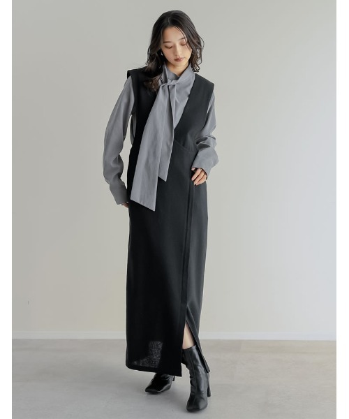 Re:EDIT（リエディ）の「[低身長サイズ有]ツイードラップデザイン風ジャンパースカート（つなぎ/オールインワン・レディース・ブラック/ブラック系その他/ベージュ・SHORT/MEDIUM/LARGE）」の8枚目の写真