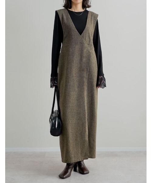 Re:EDIT（リエディ）の「[低身長サイズ有]ツイードラップデザイン風ジャンパースカート（つなぎ/オールインワン・レディース・ブラック/ブラック系その他/ベージュ・SHORT/MEDIUM/LARGE）」の14枚目の写真