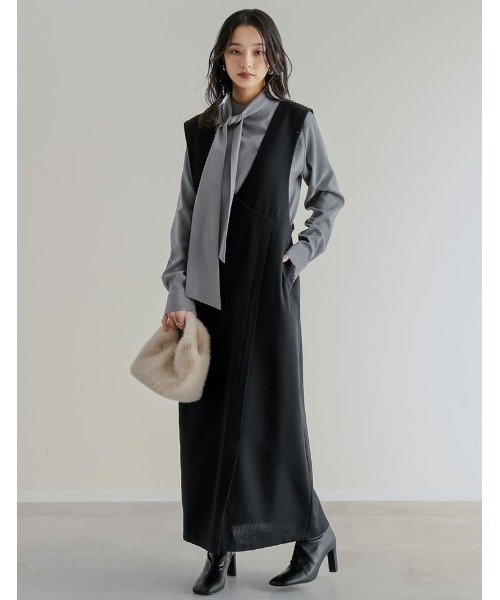 Re:EDIT（リエディ）の「[低身長サイズ有]ツイードラップデザイン風ジャンパースカート（つなぎ/オールインワン・レディース・ブラック/ブラック系その他/ベージュ・SHORT/MEDIUM/LARGE）」の4枚目の写真