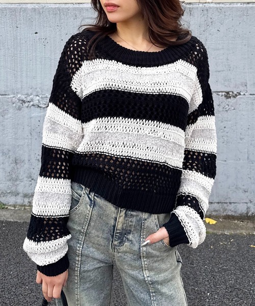 SPIRALGIRL(スパイラルガール)の「ボーダー透かし編みショートニット(ニット/セーター・レディース・ホワイト/ブラック/ブルー・FREE)」の22枚目の写真