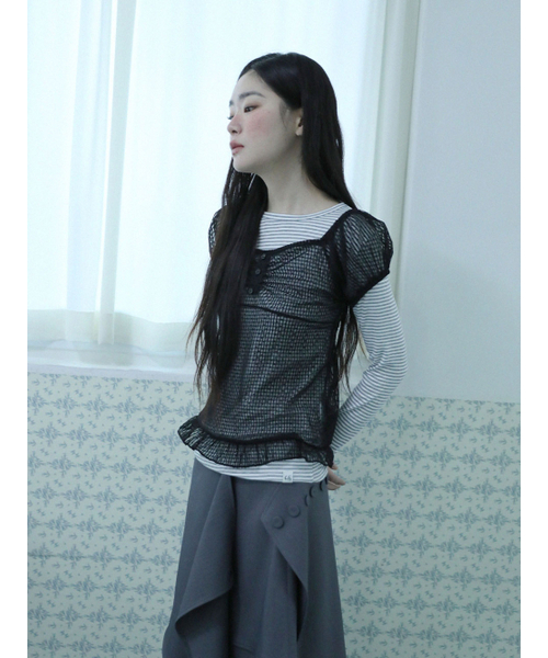 DOT SHIRRING BLOUSE(BLACK)