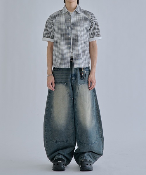 EPNK(イーピーエヌケー)の「Cropped Seersucker check Shirt / クロップドシアサッカーチェックシャツ(シャツ/ブラウス・メンズ・ブラック/サックスブルー/アイボリー・SMALL/MEDIUM/LARGE)」の8枚目の写真