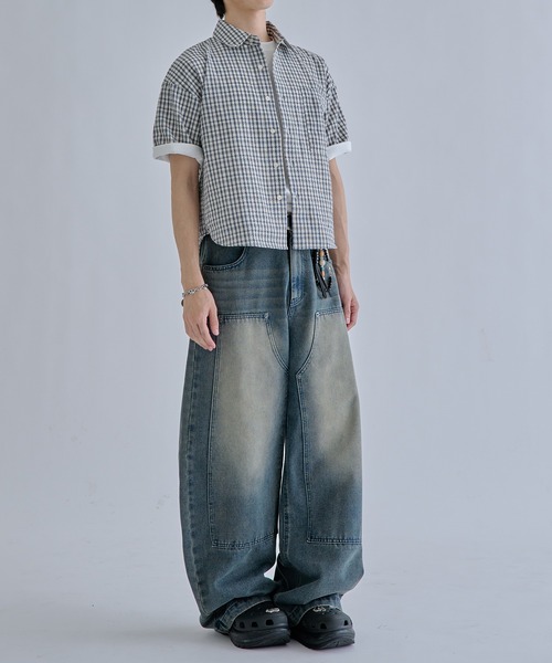 EPNK(イーピーエヌケー)の「Cropped Seersucker check Shirt / クロップドシアサッカーチェックシャツ(シャツ/ブラウス・メンズ・ブラック/サックスブルー/アイボリー・SMALL/MEDIUM/LARGE)」の12枚目の写真