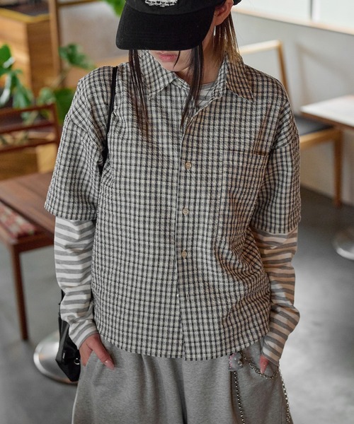EPNK(イーピーエヌケー)の「Cropped Seersucker check Shirt / クロップドシアサッカーチェックシャツ(シャツ/ブラウス・メンズ・ブラック/サックスブルー/アイボリー・SMALL/MEDIUM/LARGE)」の14枚目の写真