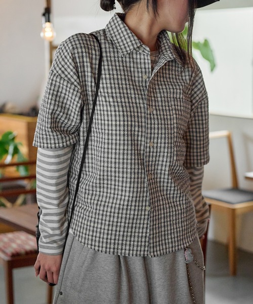 EPNK(イーピーエヌケー)の「Cropped Seersucker check Shirt / クロップドシアサッカーチェックシャツ(シャツ/ブラウス・メンズ・ブラック/サックスブルー/アイボリー・SMALL/MEDIUM/LARGE)」の15枚目の写真
