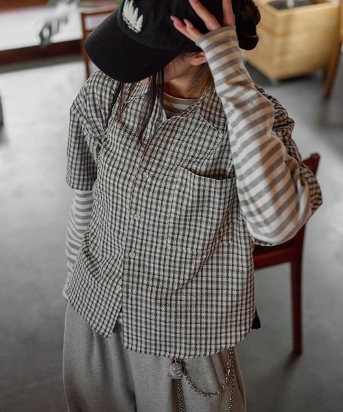 EPNK(イーピーエヌケー)の「Cropped Seersucker check Shirt / クロップドシアサッカーチェックシャツ(シャツ/ブラウス・メンズ・ブラック/サックスブルー/アイボリー・SMALL/MEDIUM/LARGE)」の18枚目の写真