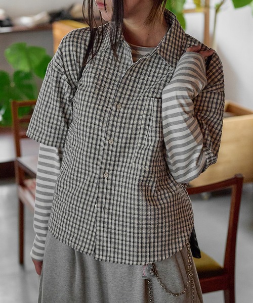 EPNK(イーピーエヌケー)の「Cropped Seersucker check Shirt / クロップドシアサッカーチェックシャツ(シャツ/ブラウス・メンズ・ブラック/サックスブルー/アイボリー・SMALL/MEDIUM/LARGE)」の19枚目の写真