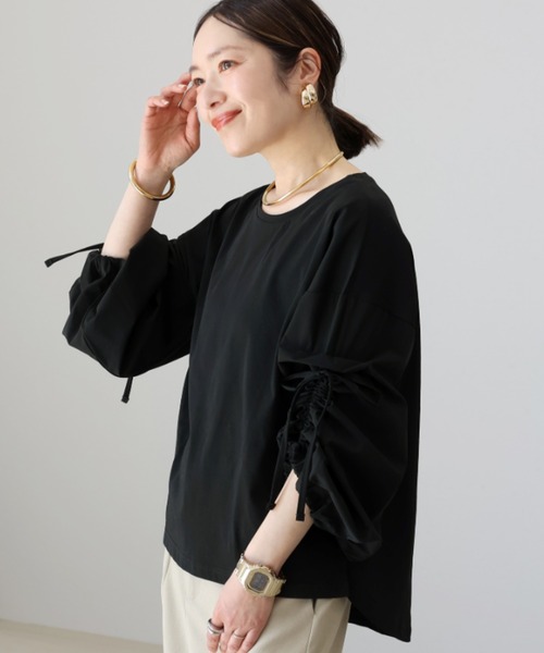 Aletta vita(アレッタビータ)の「機能性袖ドロスト異素材ブラウスプルオーバー(Tシャツ/カットソー・レディース・ブラック/オフホワイト・FREE)」の1枚目の写真