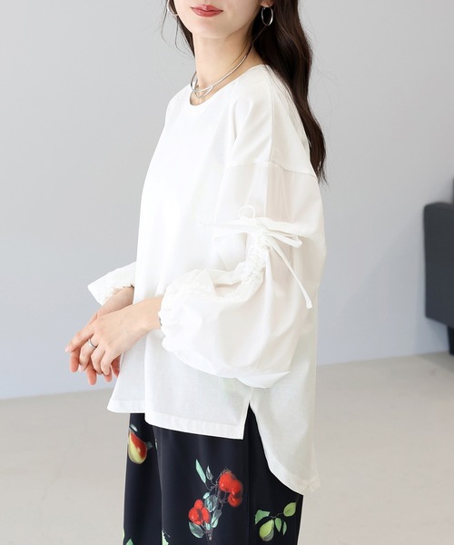 Aletta vita(アレッタビータ)の「機能性袖ドロスト異素材ブラウスプルオーバー(Tシャツ/カットソー・レディース・ブラック/オフホワイト・FREE)」の22枚目の写真
