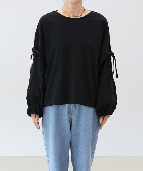Aletta vita(アレッタビータ)の「機能性袖ドロスト異素材ブラウスプルオーバー(Tシャツ/カットソー・レディース・ブラック/オフホワイト・FREE)」の5枚目の写真