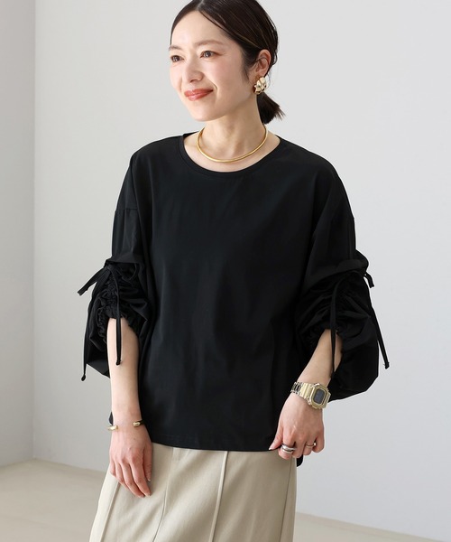 Aletta vita(アレッタビータ)の「機能性袖ドロスト異素材ブラウスプルオーバー(Tシャツ/カットソー・レディース・ブラック/オフホワイト・FREE)」の10枚目の写真
