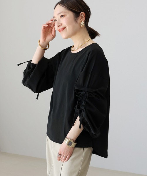 Aletta vita(アレッタビータ)の「機能性袖ドロスト異素材ブラウスプルオーバー(Tシャツ/カットソー・レディース・ブラック/オフホワイト・FREE)」の11枚目の写真