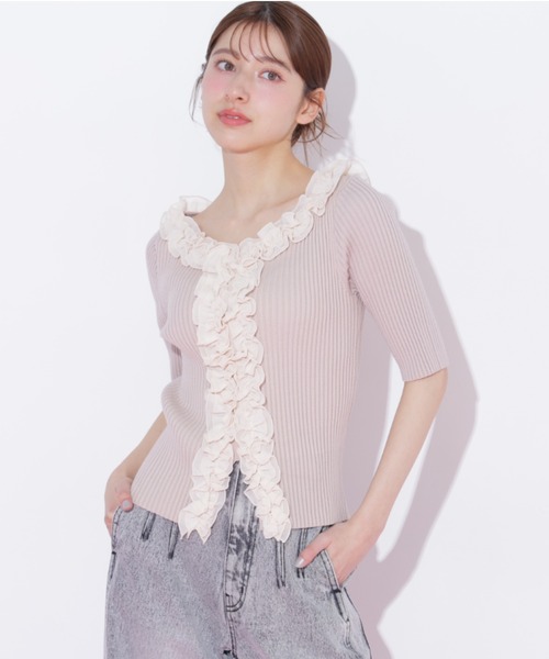 JILL by JILL STUART（ジルバイジルスチュアート）の「フリルトリムニット半袖（ニット/セーター・レディース・ホワイト/ブラック系その他/ピンク・FREE）」の6枚目の写真