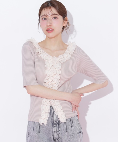 JILL by JILL STUART（ジルバイジルスチュアート）の「フリルトリムニット半袖（ニット/セーター・レディース・ホワイト/ブラック系その他/ピンク・FREE）」の7枚目の写真