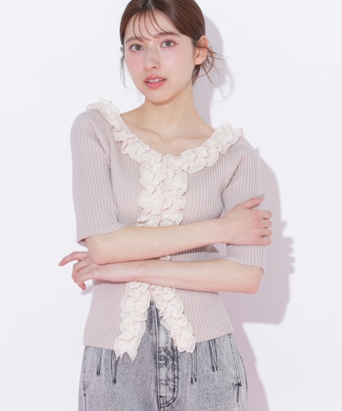 JILL by JILL STUART（ジルバイジルスチュアート）の「フリルトリムニット半袖（ニット/セーター・レディース・ホワイト/ブラック系その他/ピンク・FREE）」の8枚目の写真