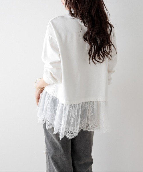 AMELY（エミリー）の「裾チュールレース プルオーバー（Tシャツ/カットソー・レディース・ホワイト/ブラック・フリー）」の5枚目の写真
